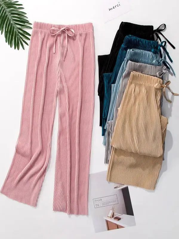 الربيع الصيف رقيقة مطوي السراويل الشيفون مستقيم الساق عارضة السراويل غير المتكافئة الشارع Sle l الخصر مطاطا بوليست... #1