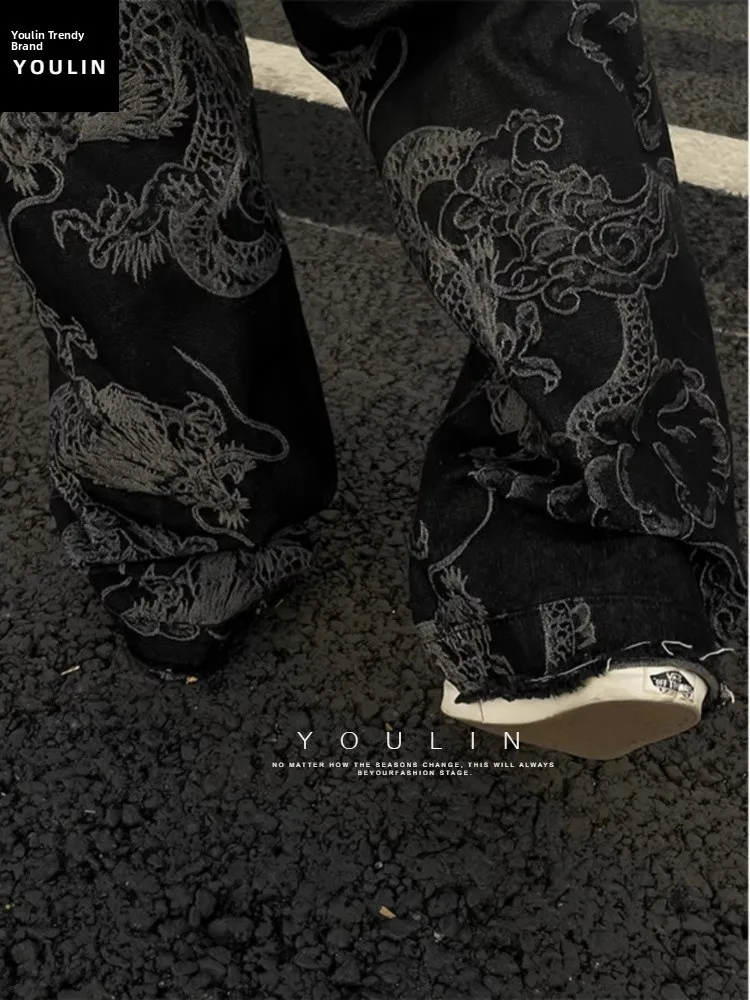 

Новые мужские джинсы в китайском стиле с принтом дракона, свободные широкие брюки с высокой талией, прямые повседневные брюки для молодежи на лето