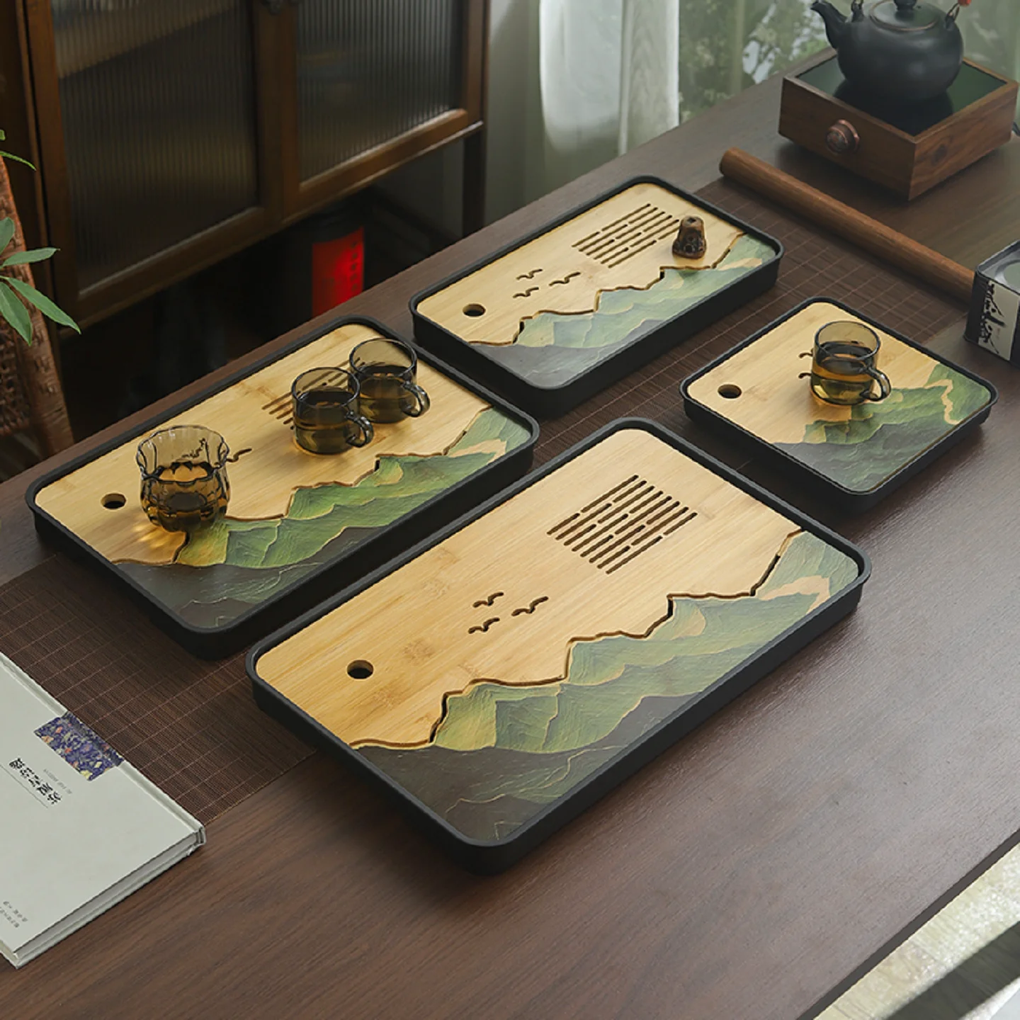 Rectangular Chinese Bamboo and Wood Tea Tray/Kung Fu Tea Set Accessories/Landscape Painting Tea Platter/Living Room and Tea Room