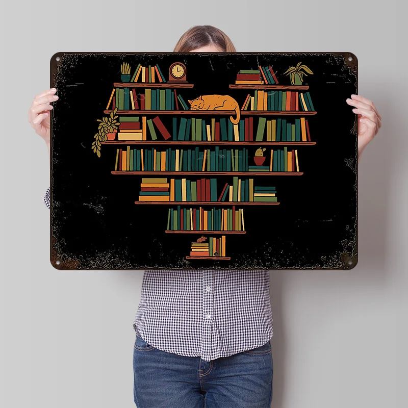 Bücher Bücherwurm Katze Buch Gedrucktes Poster Personalisierte Wandkunst Retro Vintage Metallblechschilder für Schreibtisch-Dekoration Raumdekoration Gaming