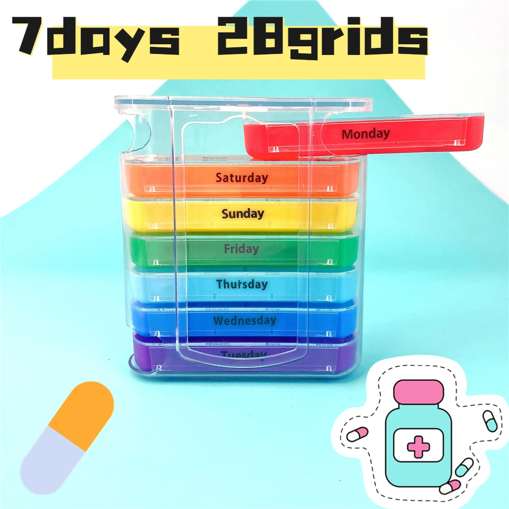 

Weekly 7 Days Pill Box/Colorful Design Stackable 4 Times A Day Medicine Storage Dispenser/Plastic Pill Organizer Portable Boxs