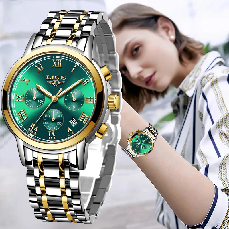 LIGE New Fashion Gold Women Watches Creative Steel Women\'s Bracelet Wrist Watches Ladies Waterproof Female Relogio Feminino+BOX