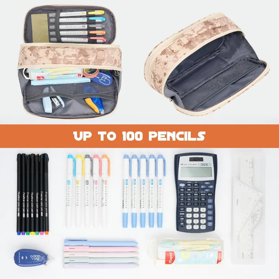 مقلمة تكتيكية للأولاد ذات سعة كبيرة جدًا وحقيبة أقلام مموهة للرجال والكبار مكونة من 3 أقسام بسحاب مقصورة صغيرة T