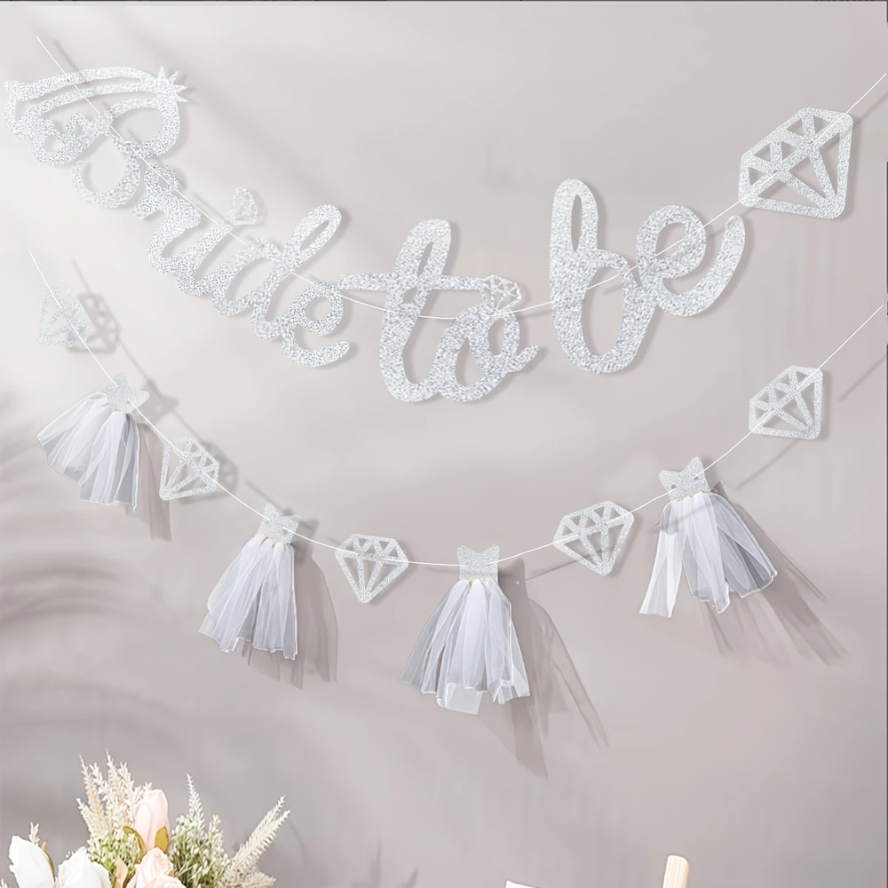 1set Glitter Bride To Be Banner with Tulle Dress Diamond Cutouts Paper Banner for Bridal Shower Bachelorette Party Wedding Decor - view 6