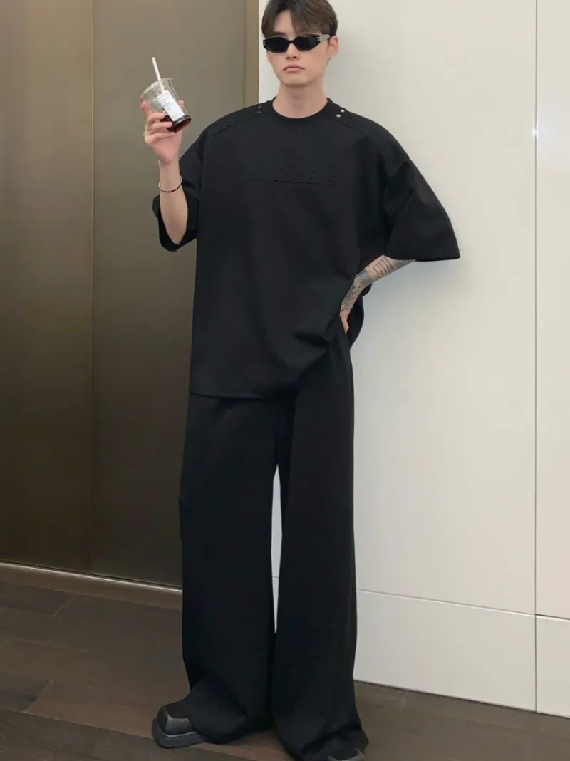 

Men's Summer Simple Small Collar Short Sleeve Casual Set with 3D Letters Versatile Straight Leg Pants