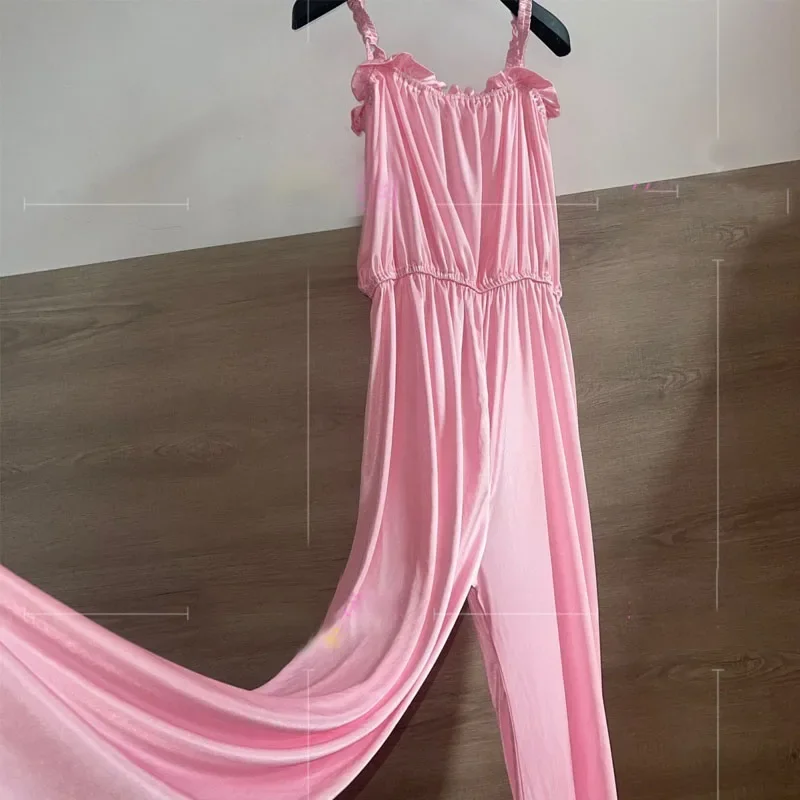 

Men Pink Sexy Ice Silk Satin Double-Sided Silky Ruffles Sleeveless Jumpsuit Waist Elastic Bodysuit Loose Wide Leg Pants Pajamas