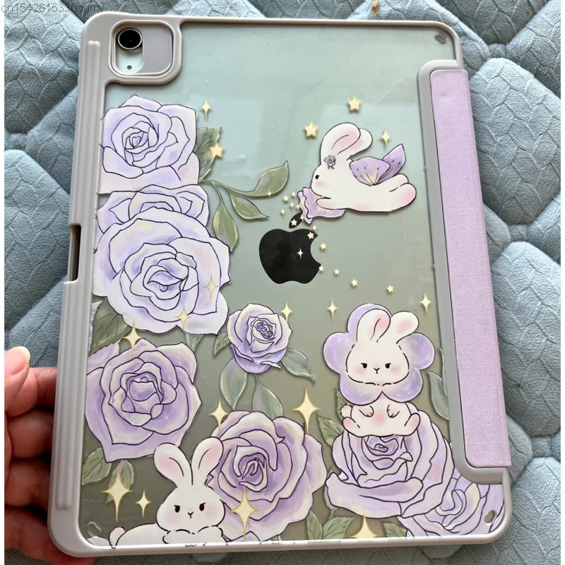 New Fashion Floral Rabbit Graphic Cute IPad Case For 10.9 Inch 9th Generation 2021 Acrylic Cover Ipad Air5 4 Triple Fold Pro11