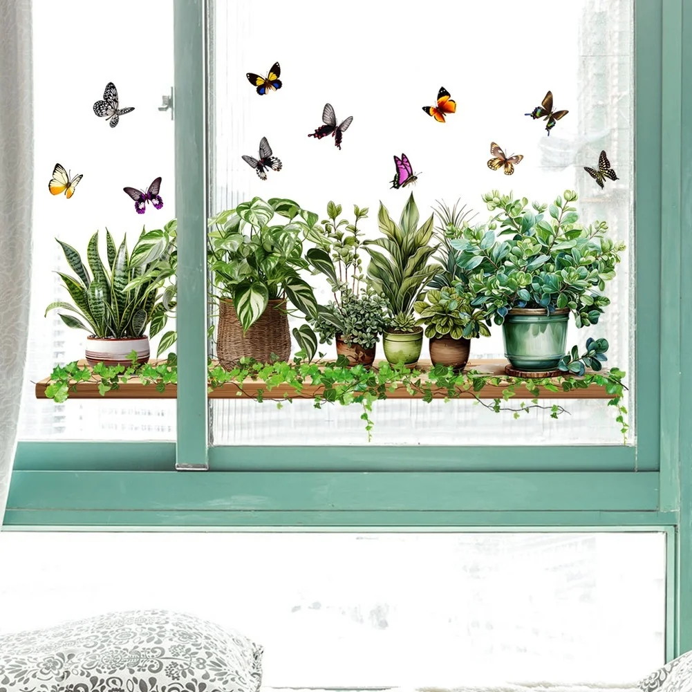 Static-Adhering PVC Decals Featuring Green Plants and Butterflies for Windows Mirrors Smooth Walls and Backsplashes
