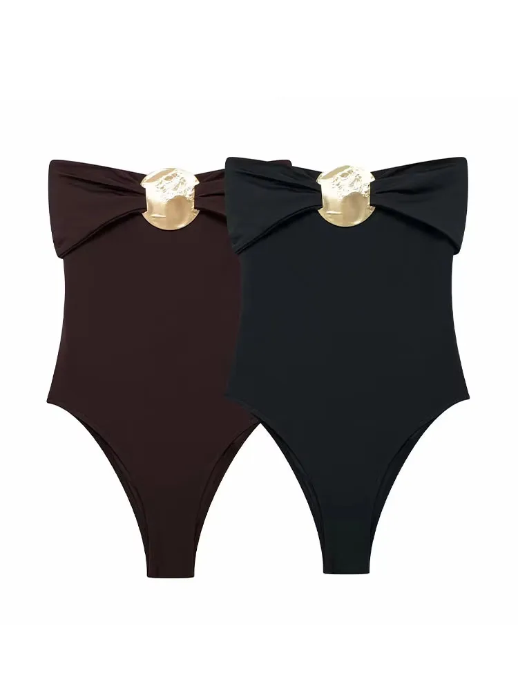 Damski kombinezon na lato 2024 z kokardą i plisami, seksowny strój kąpielowy bez pleców, brązowo-czarny, marszczony, na imprezę, w stylu plażowym.