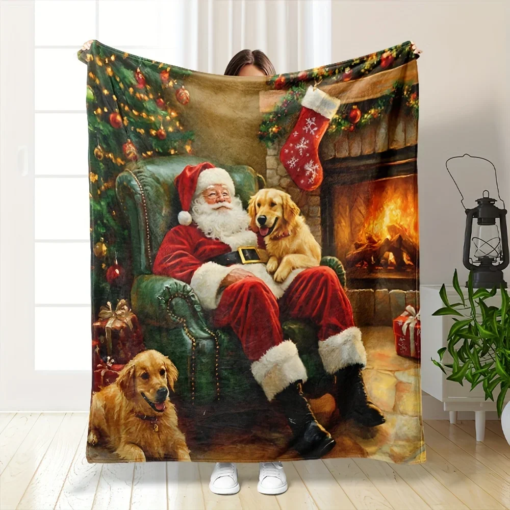 Christmas Flannel Blanket Santa Fireplace Golden Retriever Print Cozy Warm Home Decor Festive Snuggle Gift Certified Quality