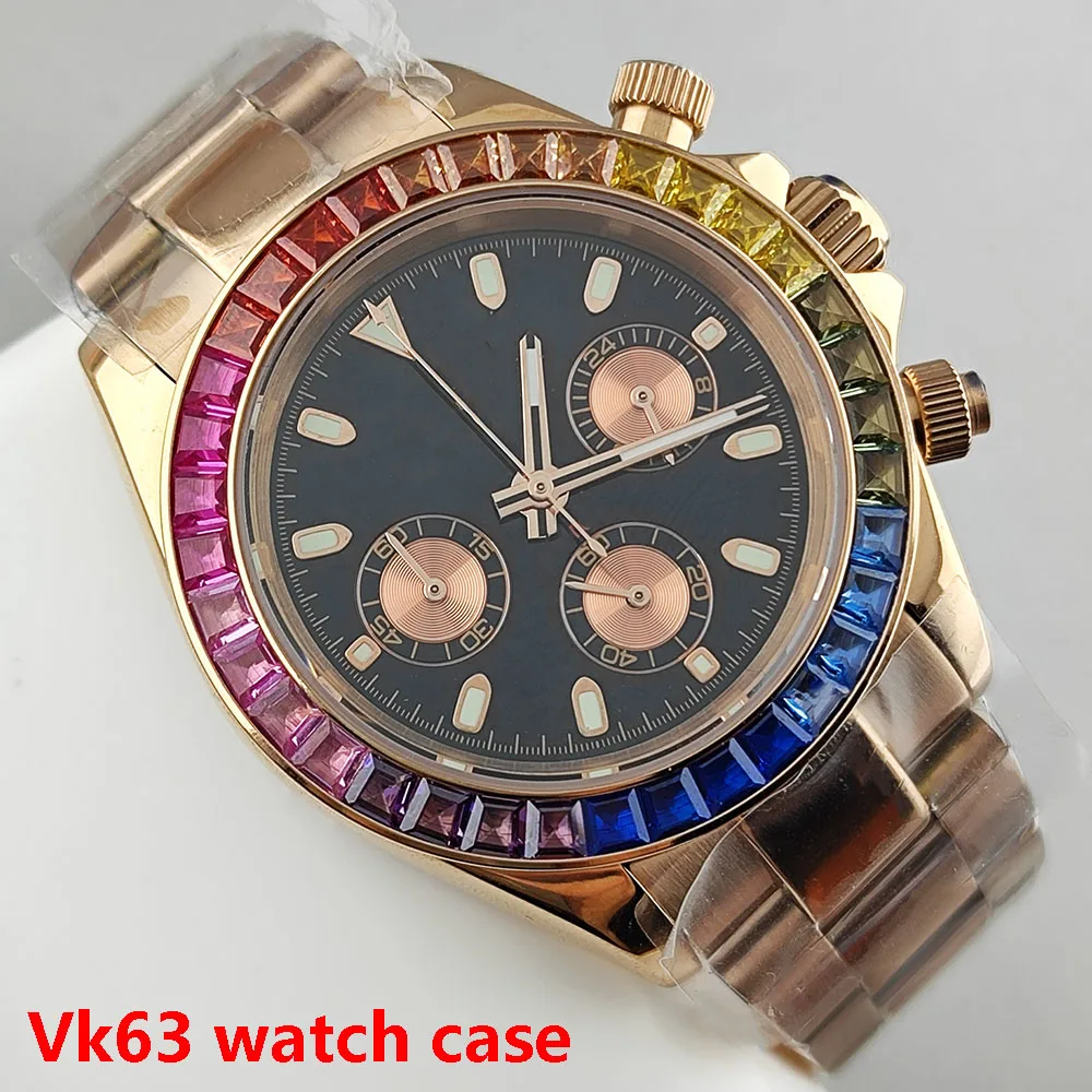 39.5mm S dial Case Color Diamond Case Stainless Steel Case Sapphire Glass Suitable for VK63 Quartz Movement Dial Watch