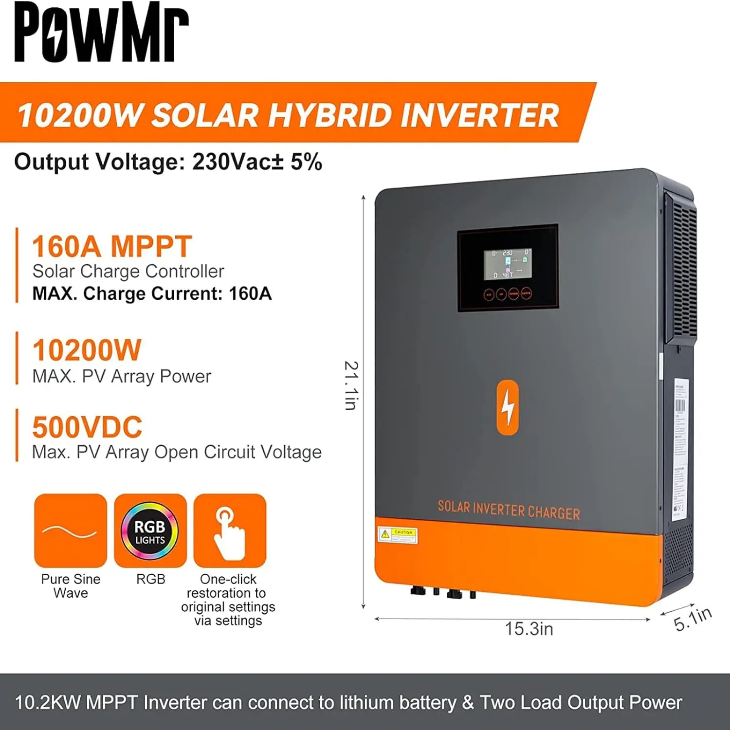 PowMr 10.2KW Hybrid Solar Inverter 48V 230V On Grid Off Grid Pure Sine Wave Inverter MPPT 160A Solar Battery Charger