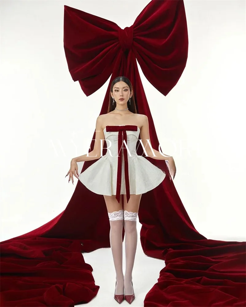 

Сексуальные атласные короткие платья для выпускного вечера с большим бантом, мини-платье трапециевидной формы для женщин, коктейльные платья без бретелек по индивидуальному заказу فساتين سهرة