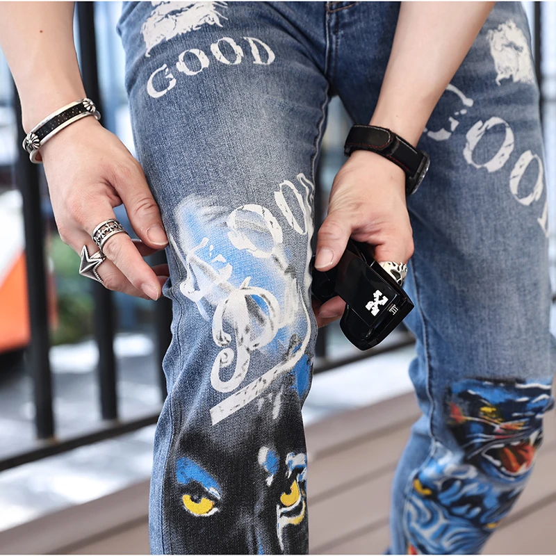 2024handsome menswear personalized printed jeans men's trendy slim fit skinny casual streetininternet celebrity long pants