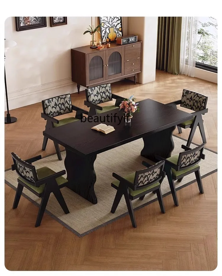 

French retro solid wood dining table American household square table 8 people black simple