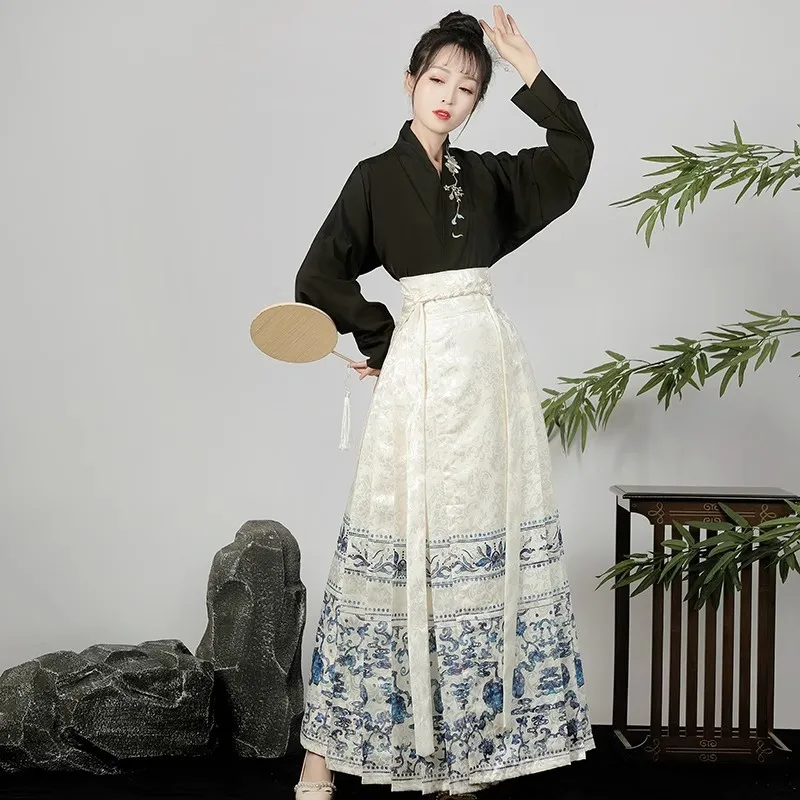 Frauen Ming-Dynastie Stickerei Halb Rock Vintage Hanfu Kleidung Rock Chinesischen Traditionellen Stil Pferd Gesicht Faltenröcke