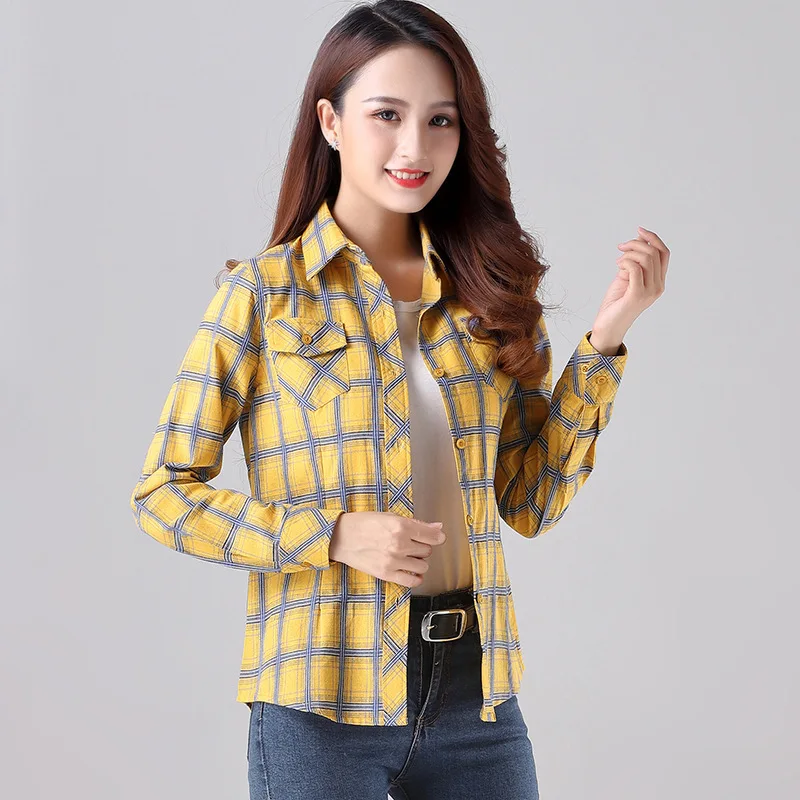 2023 Brand Fine 100% Cotton Flannel Plaid Shirts Women Long Sleeve Fresh Preppy Style Lady Tops And Blouse Casual Ladies Clothes