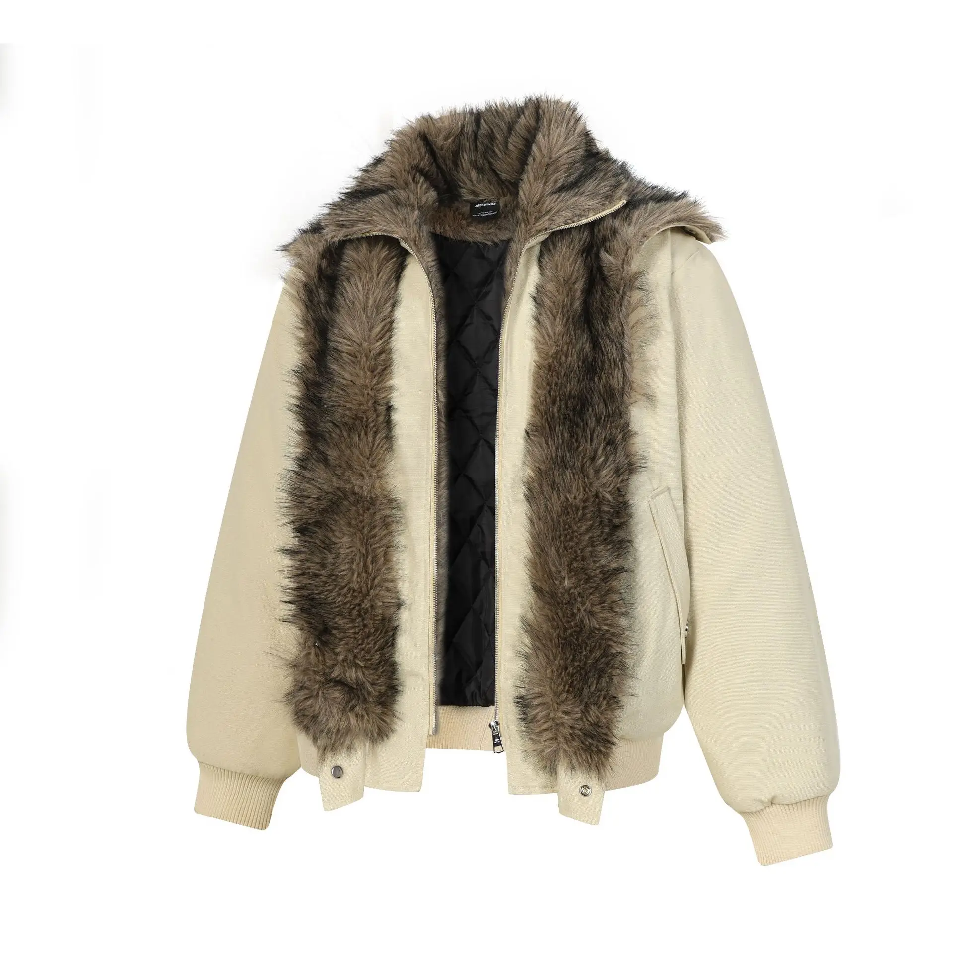 رجل أمريكي خمر الشتاء الصوف مبطن القطن معطف النسر التطريز وهمية قطعتين الفراء طوق سترة سترة #4