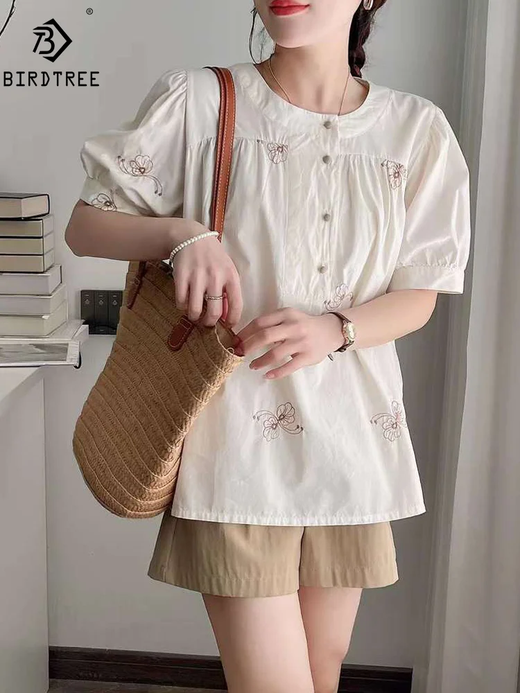 New Spring Cotton Sweet Casual Shirt Women Short Sleeve O Neck Embroidery Top Girl OL Loose Commute Blouses 2024 Summer T44764QM