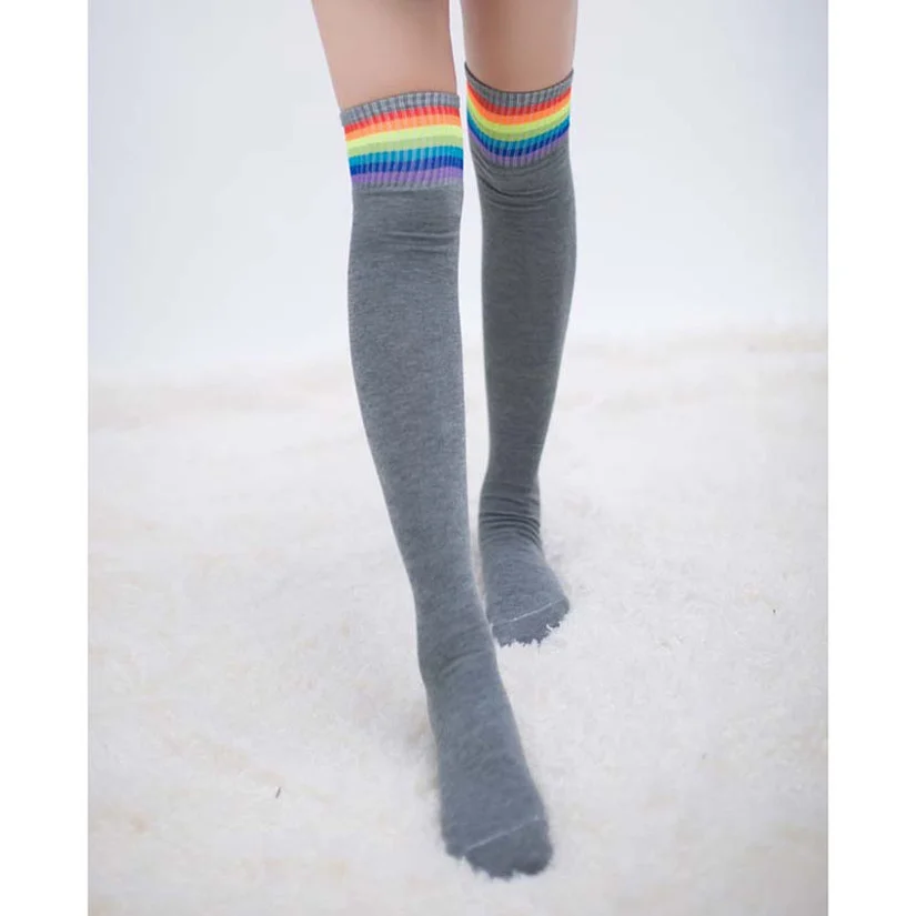 Over Above Knee Socks Women Rainbow Striped Ladies Girls Black White Winter Thigh High Stockings Cotton Japanese Style Long Sock