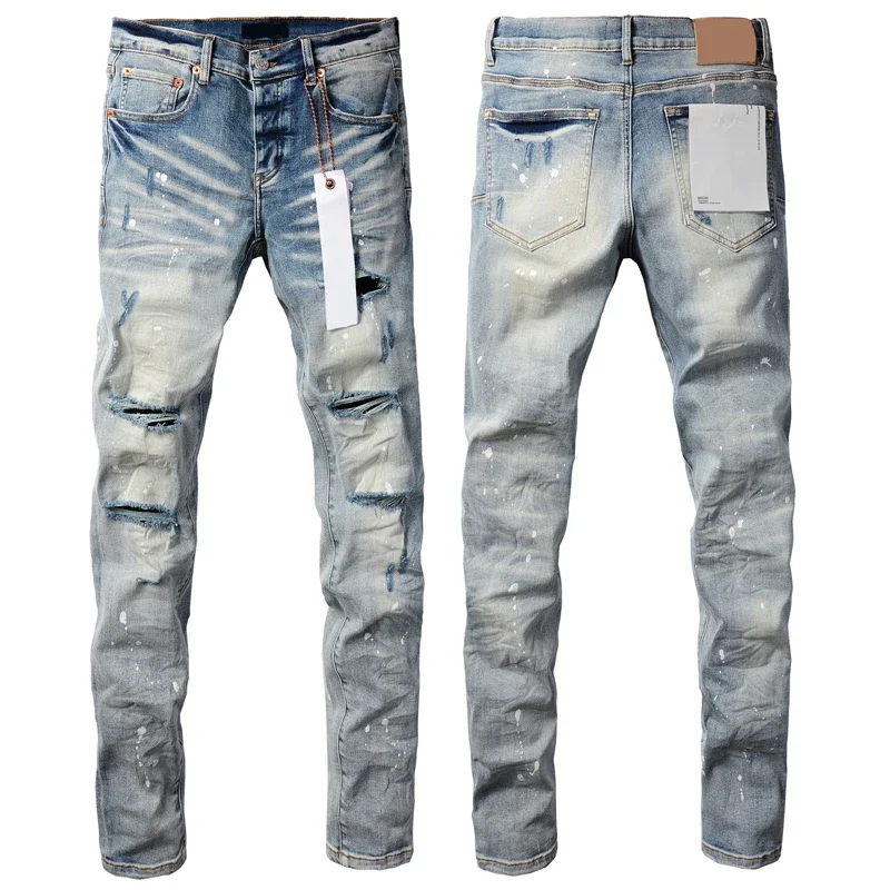 high street Light Blue Brands Jeans Men's Streetwear Hip Hop Style Ripped Slim Denim Trousers White Dot Inkjet Pencil Pants