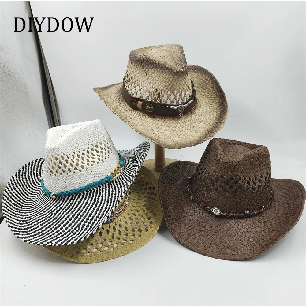 Hollow Out Straw Western Cowboy Hat for Men Women Summer Curling Brim Beach Sun Hats Panama Cowgirl Hats sombreros de vaquero