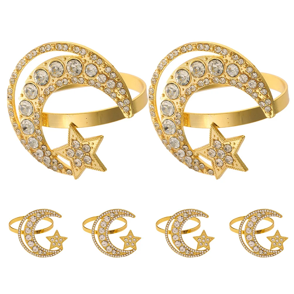 

6Pcs Gold Rhinestone Star Moon Napkin Rings Luxurious Table Ornament for Banquet Dining Party Supplies Table Ornament