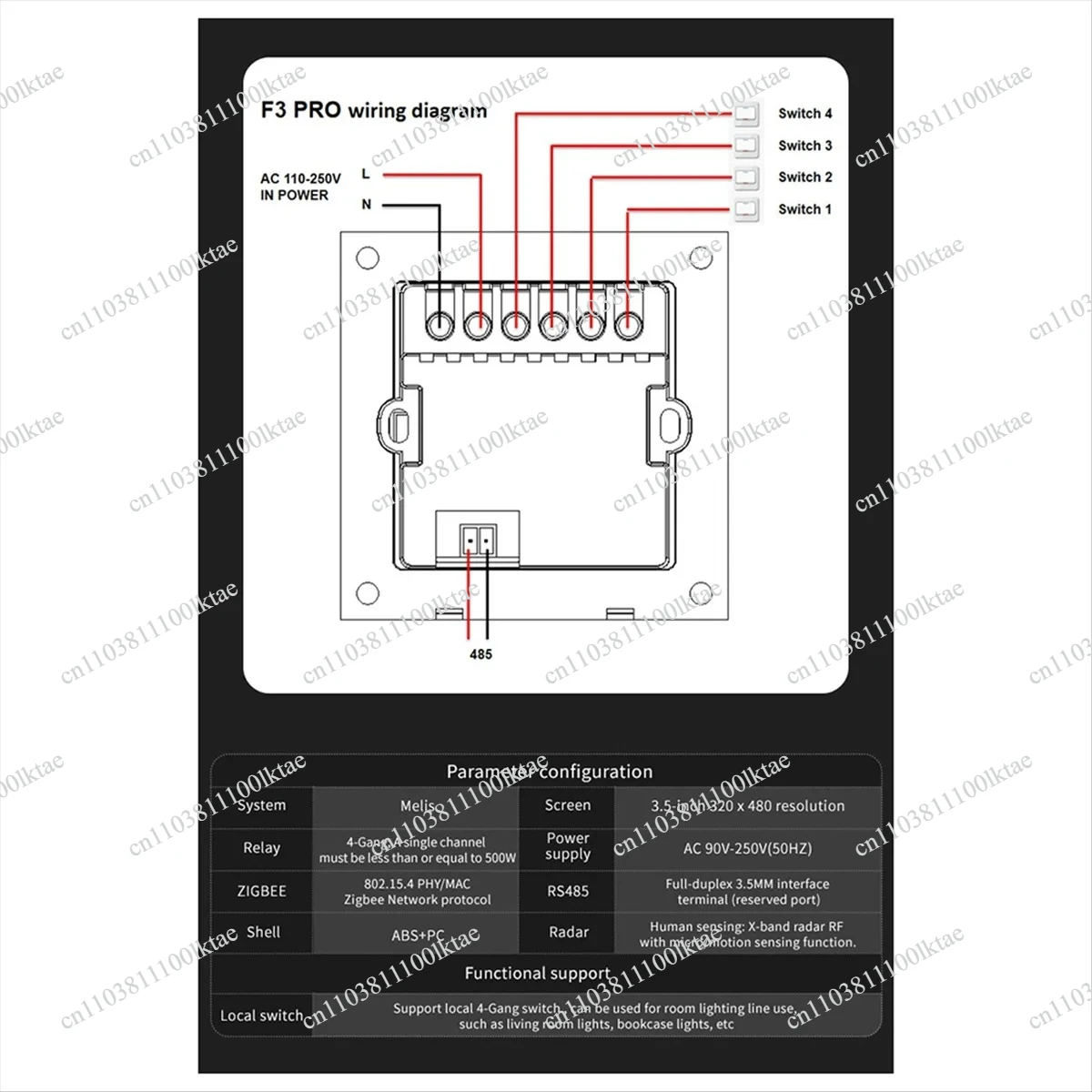 Y59A3.5 Inch Smart Wall Switch Touch Screen 4 Groups Switch 8-Way Scene Radar Sensor Dimming Switch Curtain Tuya Zigbee A view 6