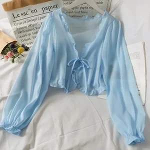 Long Sleeve Thin Breathable T-shirts Women Lace Bow Cardigan Blouse Clothing Ruffles Sun-protection Outwear Blouse For Covers 10 best sales tianhou silk quilt - №9