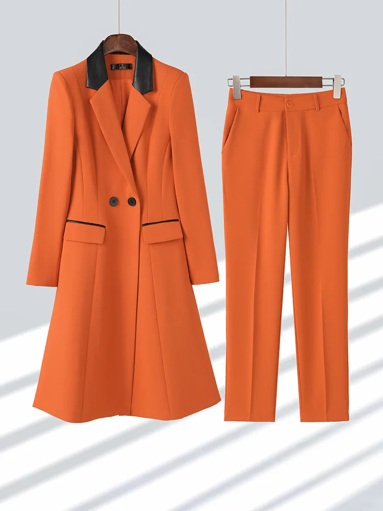 Formal Blazer Femininos Elegant Autumn Winter Women Business Work Wear Suits with Middle Long Windbreaker and Pants Trousers Set