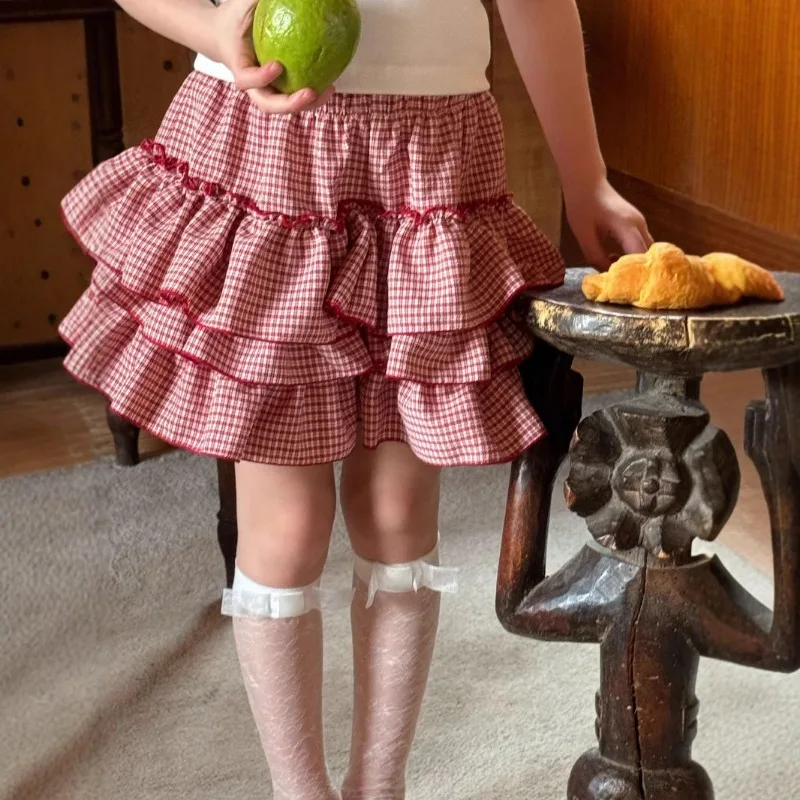 

Лето 2022, новая детская одежда, юбки до половины тела с рюшами по краям, клетчатые и стильные пышные юбки для маленьких девочек