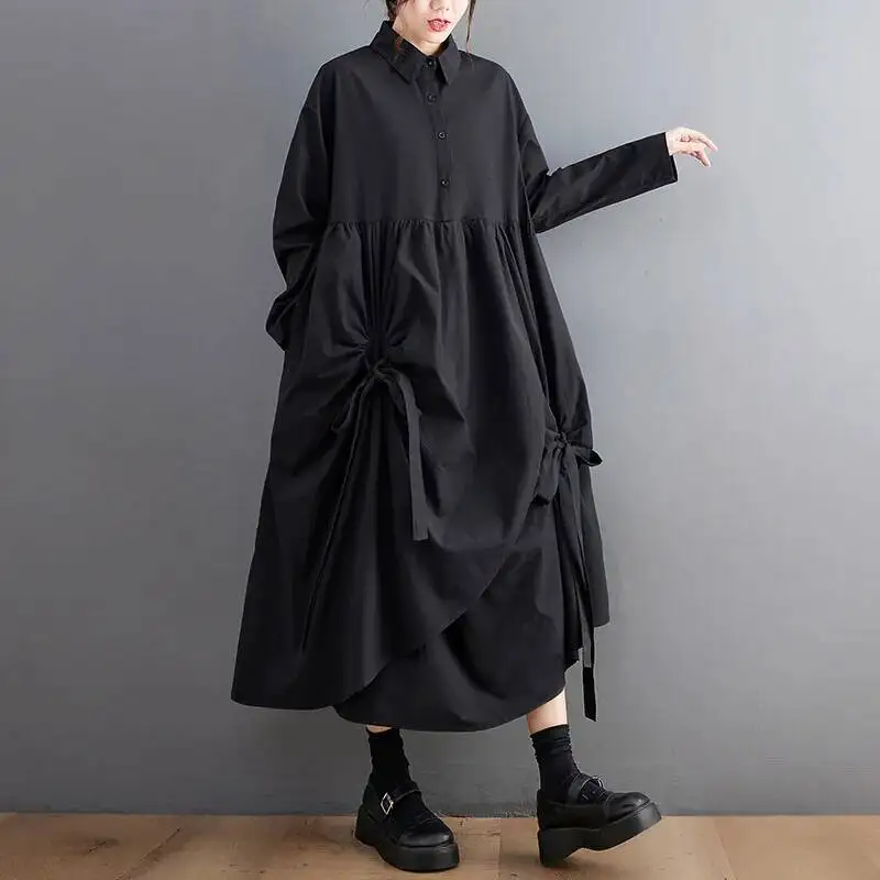 # 6530 Schwarzes Khaki Langes Hemdkleid mit Polokragen, Knöpfen, Taschen, Asymmetrisches Hemdkleid für Damen, Locker Geschnittenes Vintage Midi-Kleid