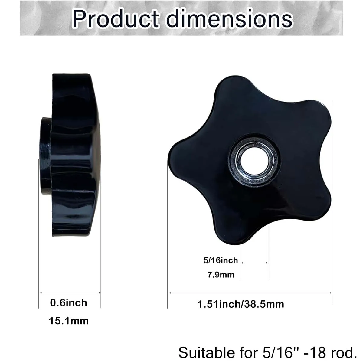 4 pernos de sujeción manuales con forma de estrella, de plástico negro, con rosca 3/8-16 y 5/16-18, para fijación a través de orificios