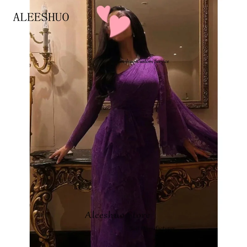 Aleeshuo-vestido de fiesta púrpura clásico para mujer, Vestidos de Noche de manga larga, vestido de ilusión de encaje, vestidos de sirena elegantes, baile de graduación