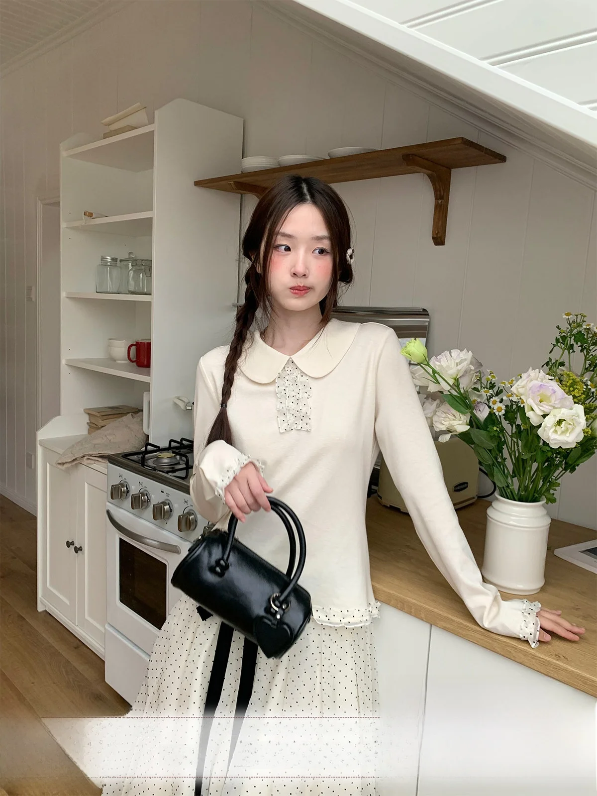 

Sweet Sle Long Sve Doll Collar Base irt Women's Inner Wear T-irt Wooden Flounce Spring Daily Match