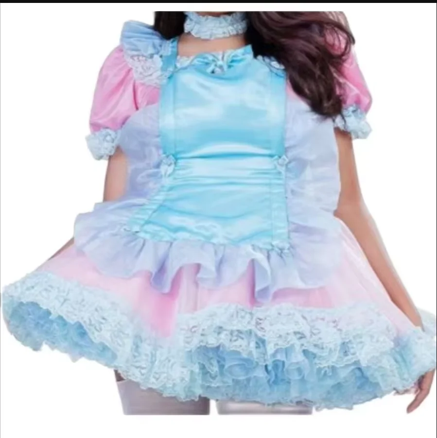 

Fashion Adult Giant Baby Sexy Girl Pink Satin Blue Apron Sissy Role Play Girl Makeup Ball Maid Customized Multi Color