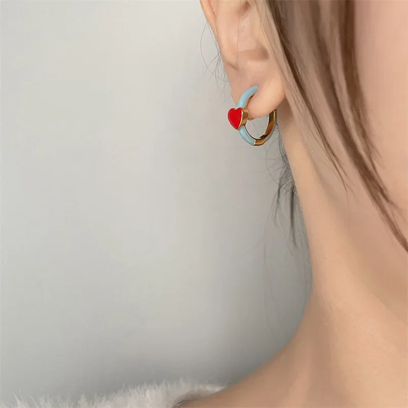 Luxury Enamel Blue Red Heart Hoop Clip on Earrings Simple Samll Round Circle Pressure Mosquito Coil Ear Clip Without Ear Holes