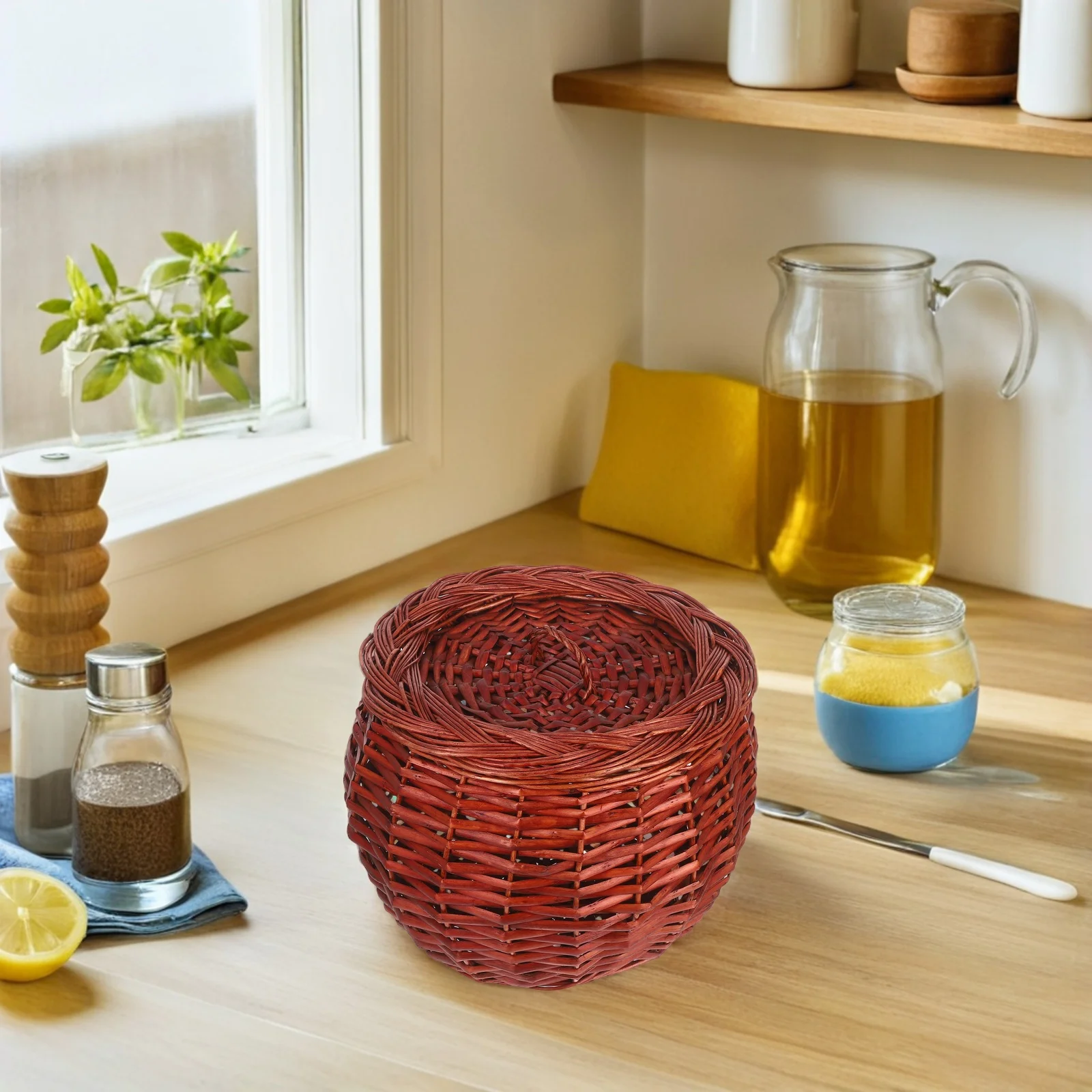 

Storage Basket with Lid Kitchen Organizer for Eggs Potatoes Fruits Farmhouse-Style Decorative Food Basket Portable