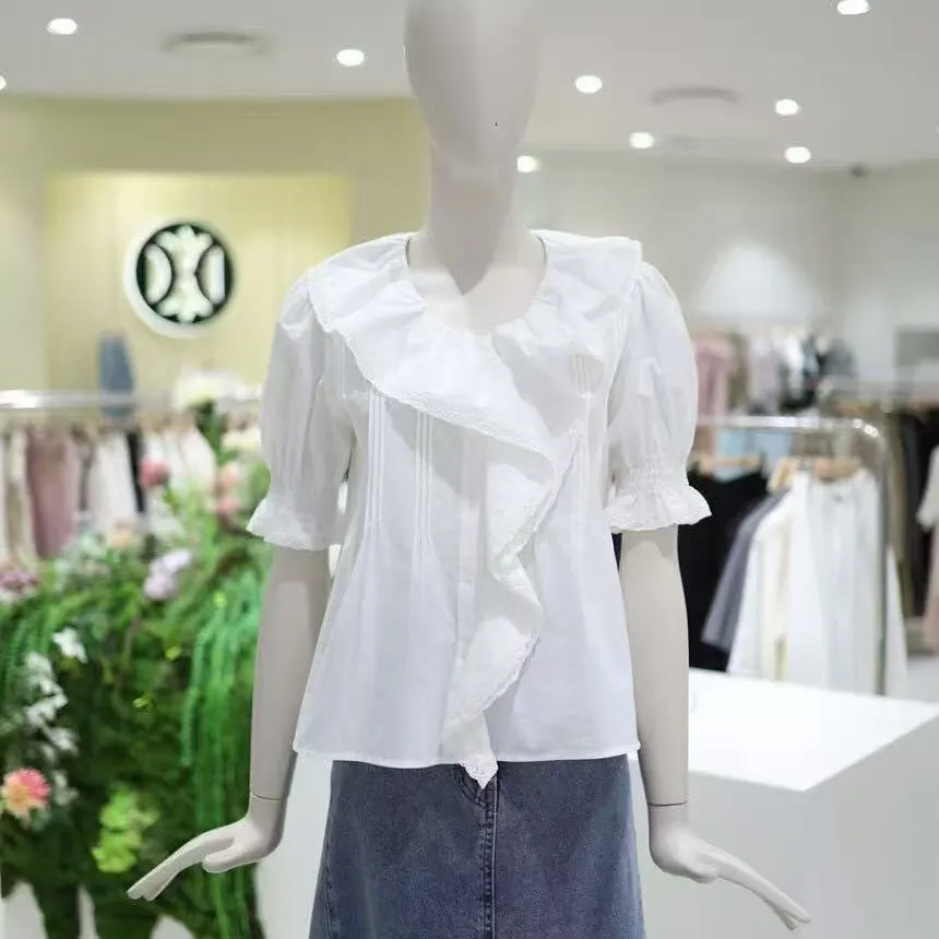 

Elegant V-neck Bubble Sleeve Shirt Women's Fashion Spring Summer New Arrival Awei Clothing DWL Brand Floral Lace Hem Shirt