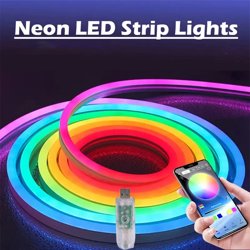 1-5M RGB Neon LED Strip Lights Smart USB-Powered Light Rope with App & Key Control Music Sync for Home Bedroom Party Decor