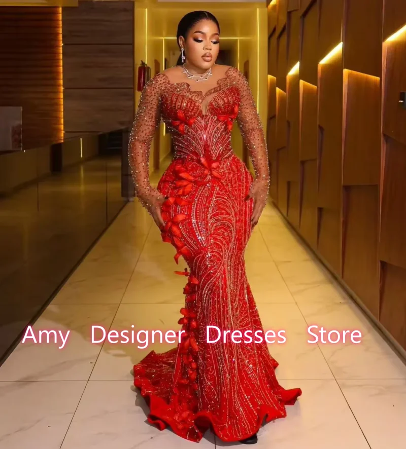 Romantic Red Prom Dresses For Girls Mermaid Long Sleeves Sequined Flowers Beaded Party Dress Vestidos De Festa Customized