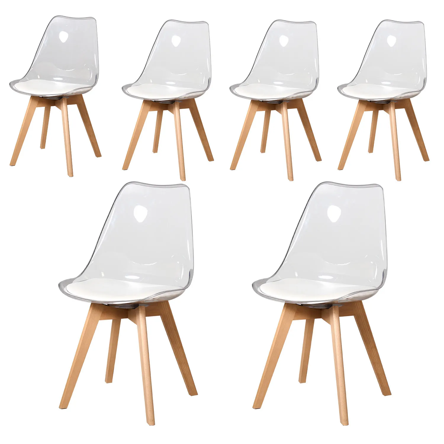 Un set di 6 sedie da pranzo imbottite trasparenti, sedie in acrilico con cuscino in PU, gambe in faggio per cucina, sala da pranzo, soggiorno