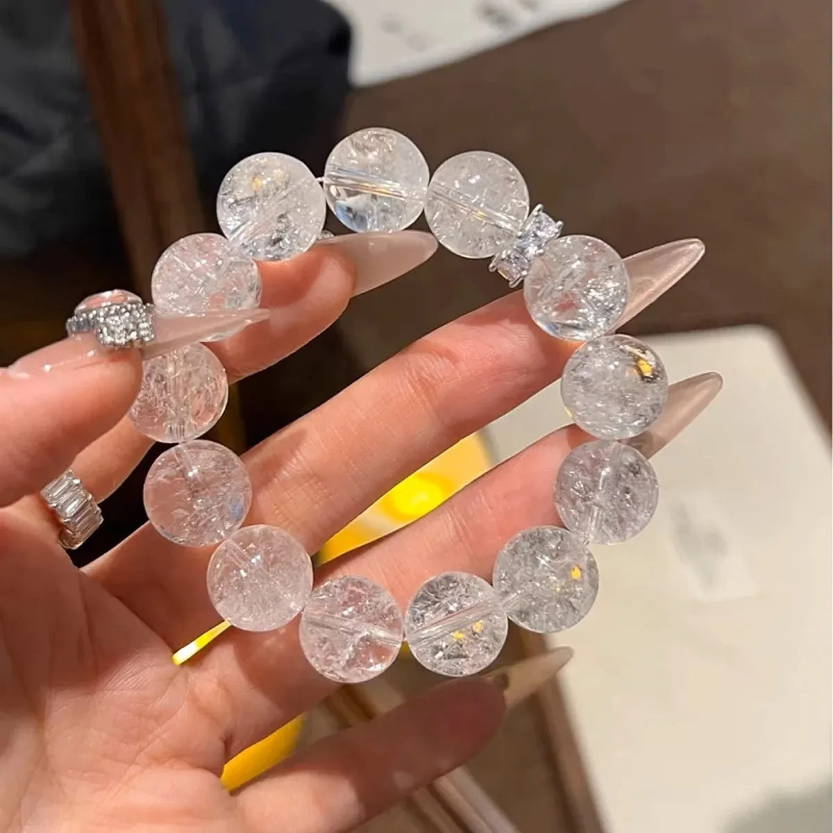 Beaded Bracelet with Clear White Crystal Stones, 10mm Round Alloy Beads, Fashionable Office Lady Style, 2025 Summer Collection