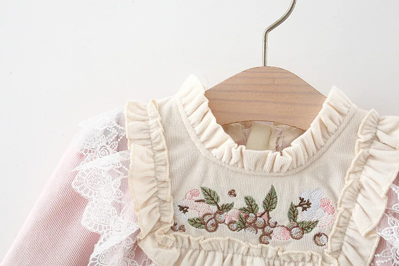 2024 New Spring Girls\' Long Sleeved Dress Long Sleeved Baby Girl Fashionable Cute Lace Embroidered Princess Dress