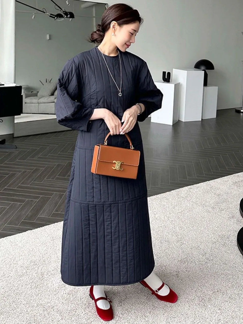 

Женское хлопковое платье с застежкой на талии Lantern Sve round Ne Winter New Sle Slimming Long Dr Commute Sle Regular...