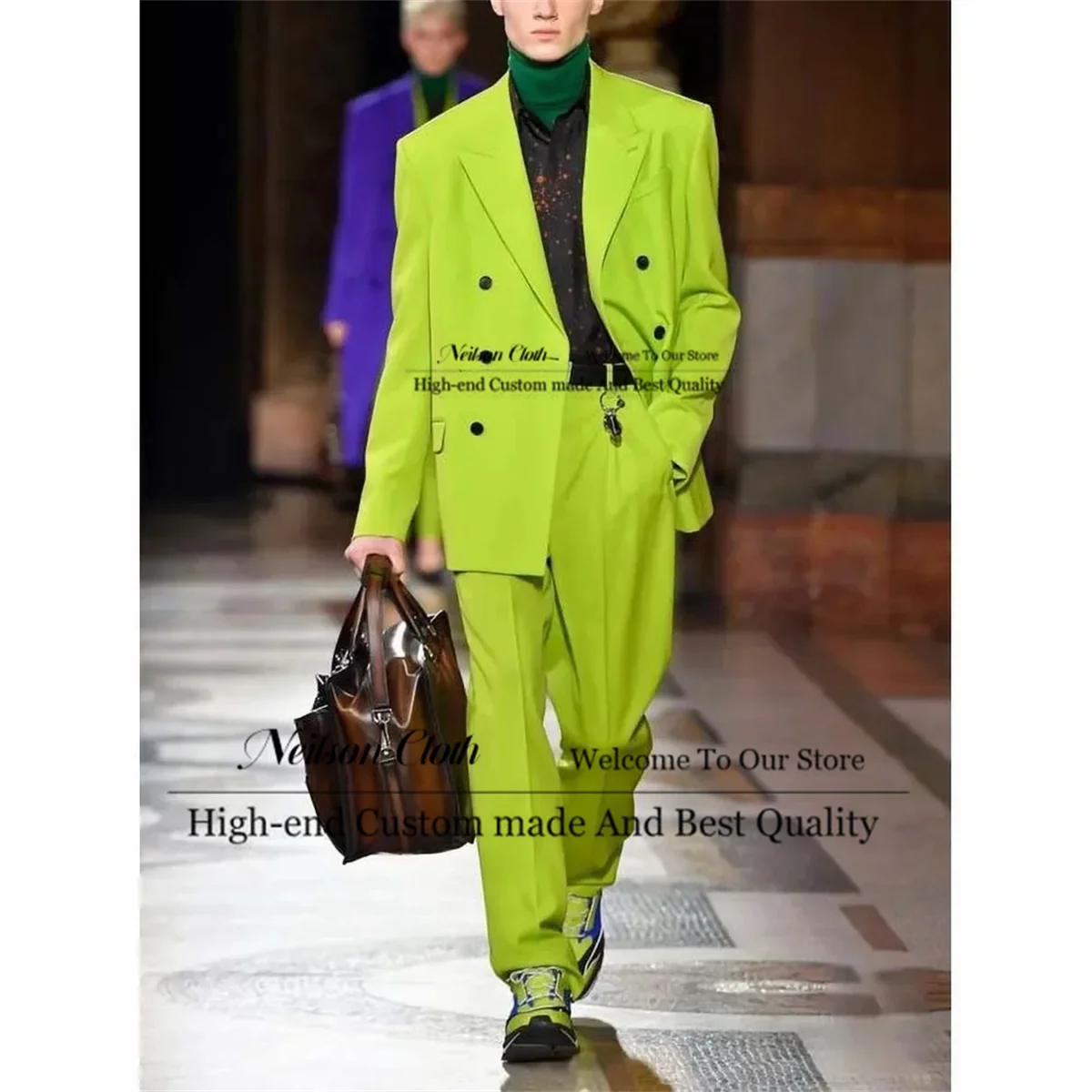 

Fashion Green Male Prom Blazers Peaked Lapel Groom Wedding Tuxedos 2 Pcs Sets Men Suits Loose Double Breasted Terno Masculino