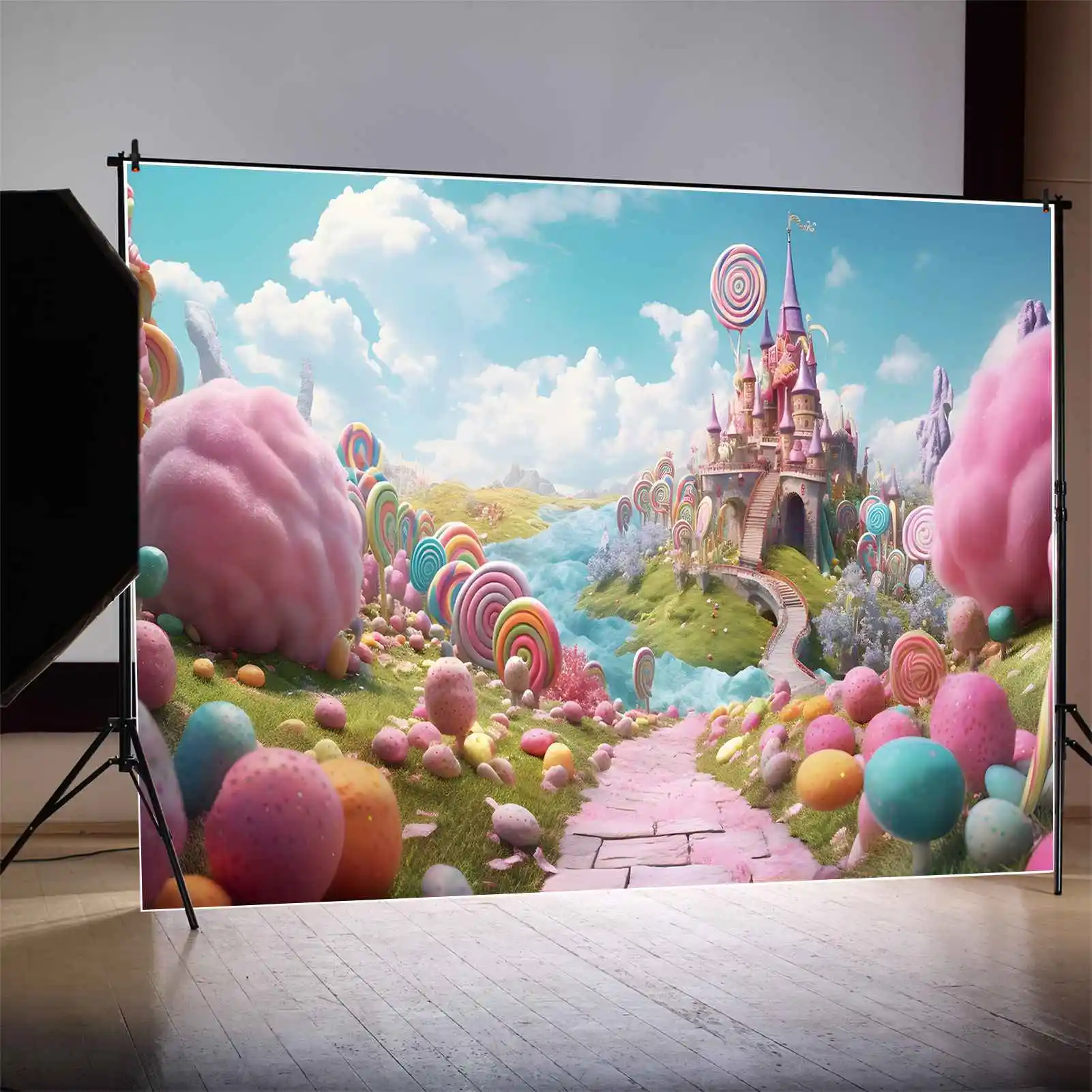 Moon.qg-子供のための誕生日の背景,川の城,キャンディーランド,誕生日の背景,緑の草,ロリポップフォトブース