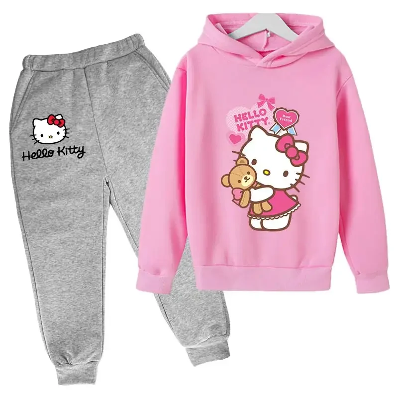 Girl Hello Kitty Hooded Sweatshirt Set, Clothes, Tops, Pants, Sportswear for Girls Aged 4 To 14