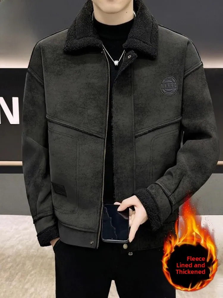 

Мужская зимняя хлопковая куртка с воротником, на подкладке из овечьего меха, с интегрированной кожаной отделкой, теплая, молодежная, модная, стандартного кроя, для повседневной носки