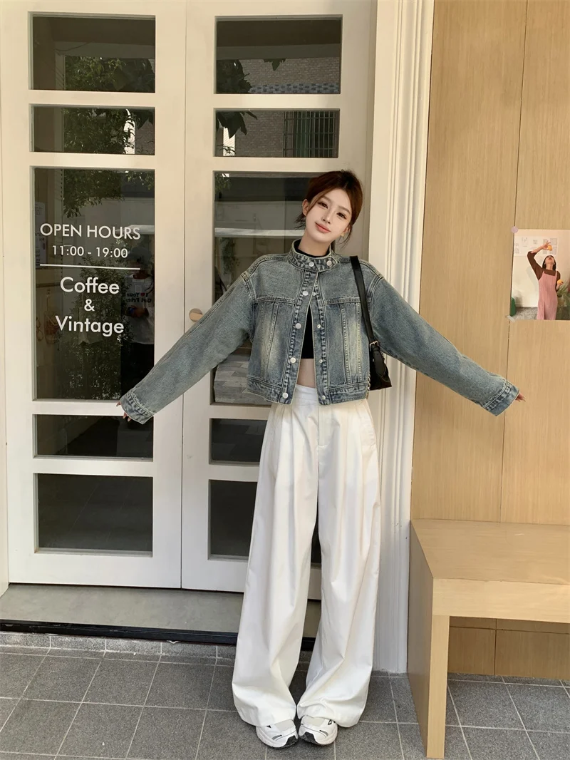 Cappotti di jeans unisex da donna autunno ampia cintura a costine bottone a pressione abbigliamento sportivo cappotti collo alto misto patchwork ricamato Y2K